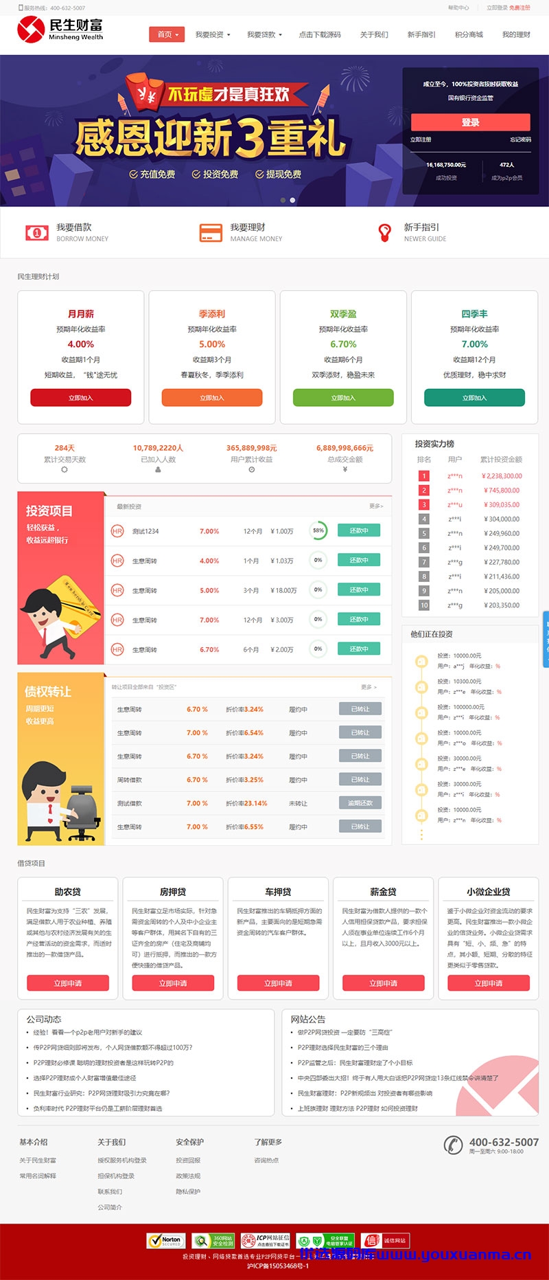 【优选源码】民生财富专业P2P网络贷款借贷系统投资理财平台网站源码