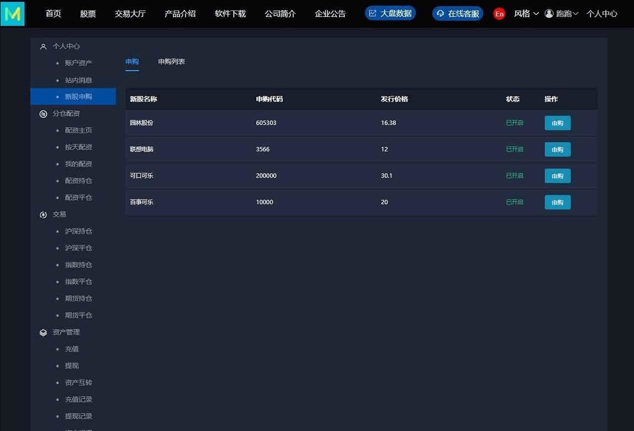 【优选源码】3.0新股申购功能+独立管理后台+实时分时线和K线/配资系统源码