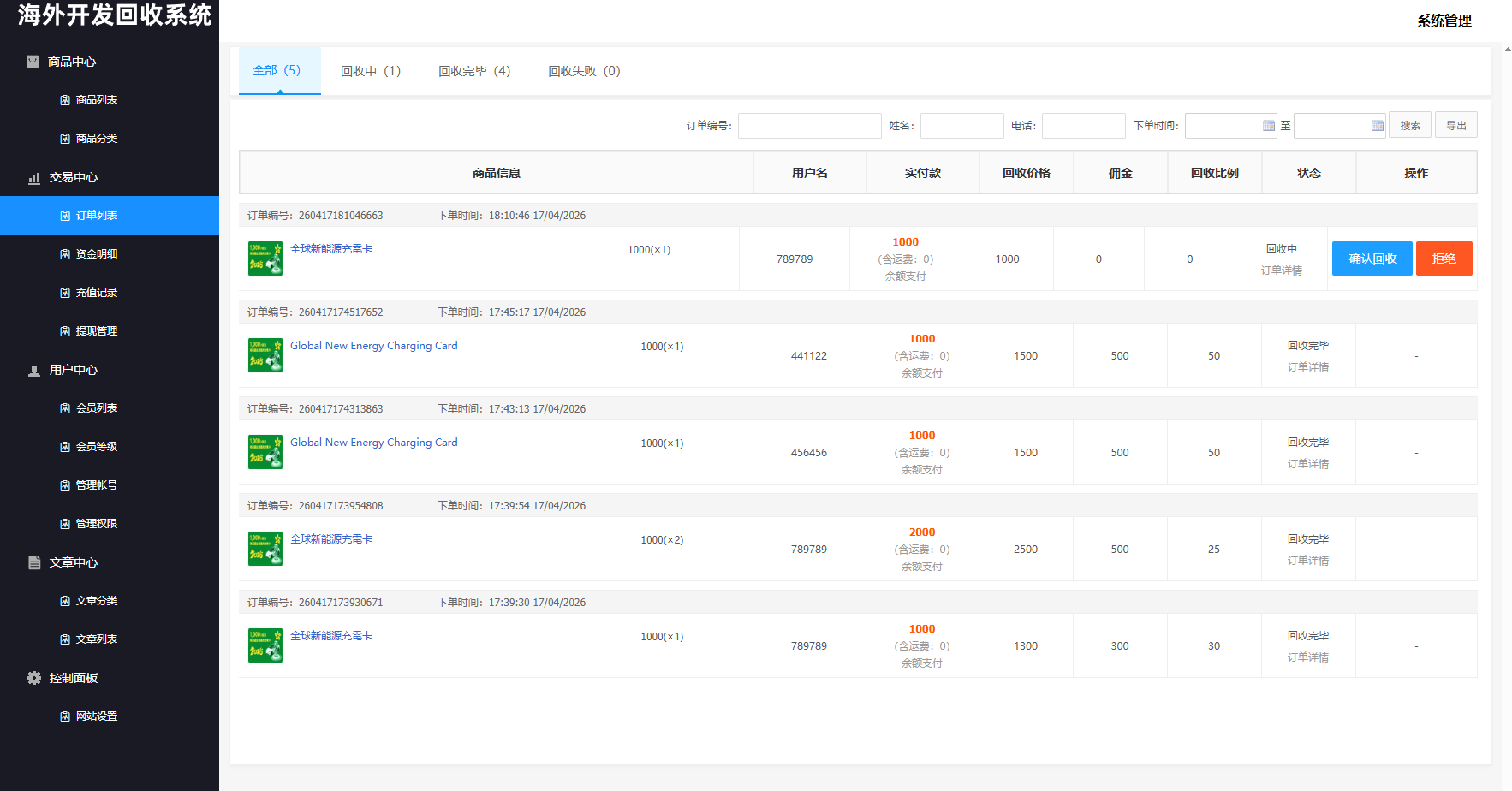 【优选代售】海外新能源商品回收系统/自定义回收/信用分/多语言订单回收